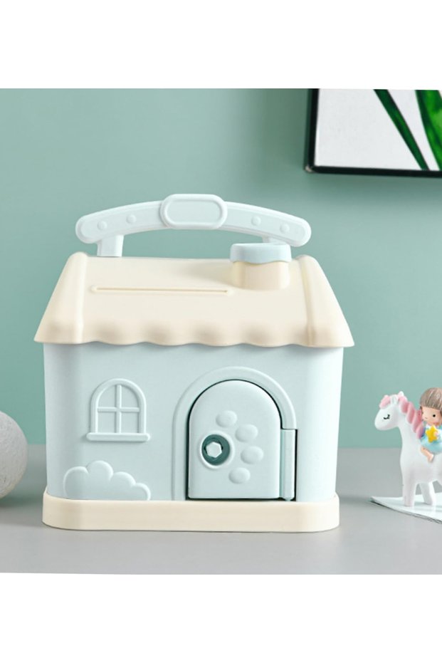 Cute House Motif Keyed Piggy Bank Blue