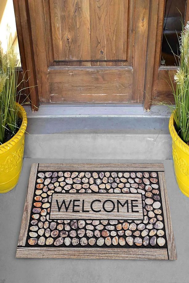 Dijital Baskılı Welcome Yazıl Taş Desenli Dekoratif Kapı Önü Paspası - 2