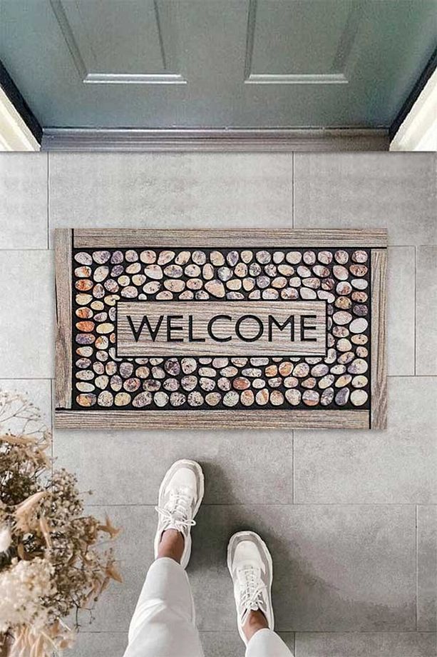 Dijital Baskılı Welcome Yazıl Taş Desenli Dekoratif Kapı Önü Paspası - 4