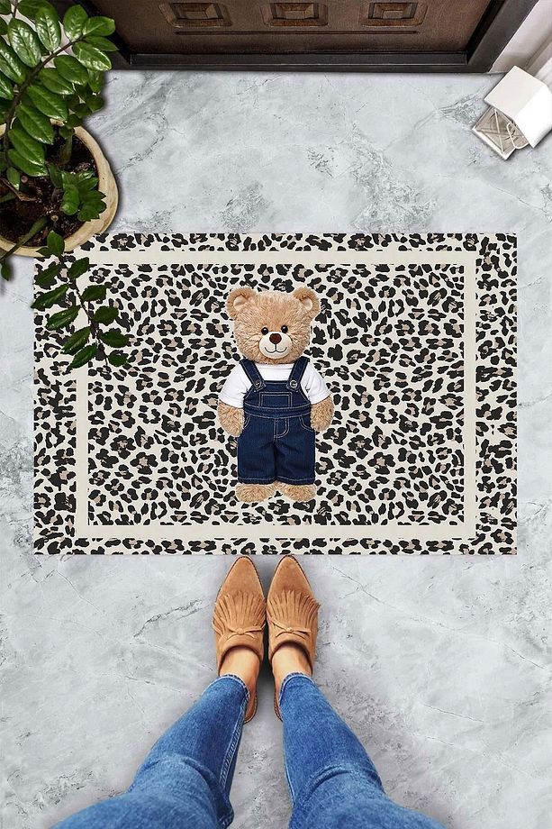 Dijital Baskılı Leopar Desenli Ayıcık Motifli Dekoratif Kapı Önü Paspası - 3