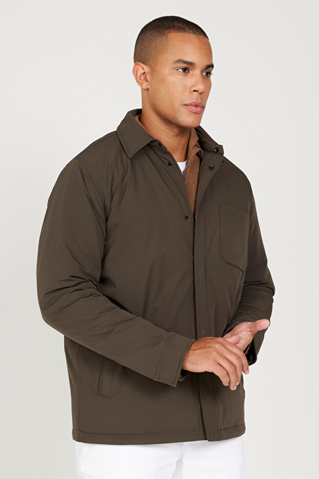 Erkek Haki Standart Fit Normal Kesim Gömlek Yaka Mont - 5