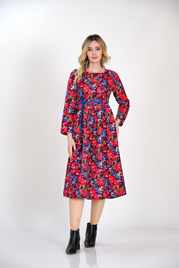 Red Floral Purple Winter Dress from Divitin Flannel