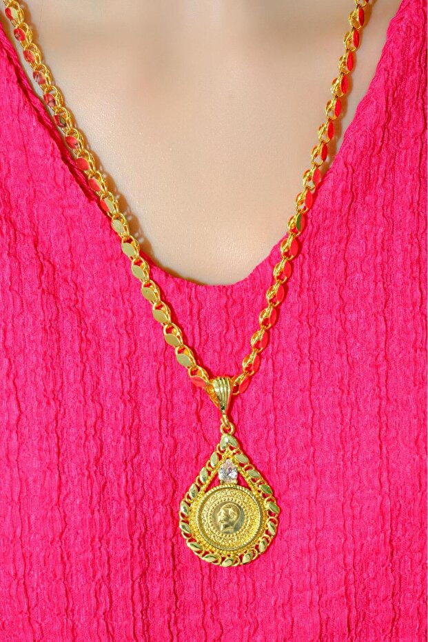 Çeyrek Altınlı Beyaz Taşlı Pullu Kolye - 5