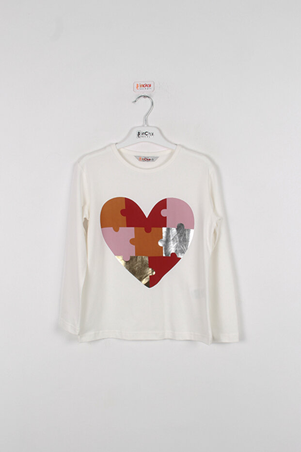 Girl's Ecru Heart Print Detailed Combed Cotton