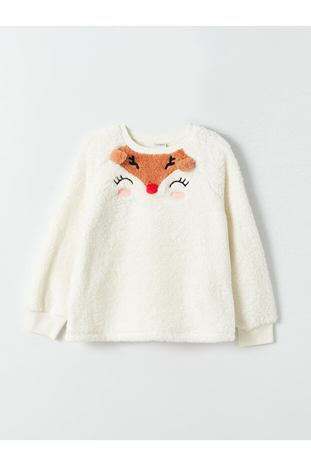 Crew Neck Embroidered Long Sleeve Plush Girl's Sweatshirt