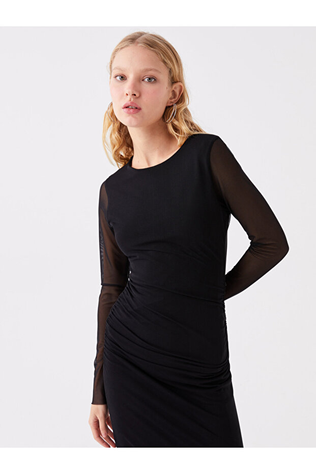 Bisiklet Yaka Düz Uzun Kollu Kadın Elbise - 3