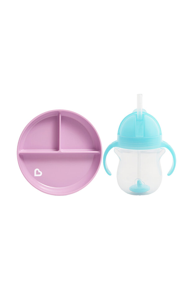 Fixed Vacuum Feeding Plate & Click Tip Drinking Cup with Straw 6 months Purple & Blue 2 Pack