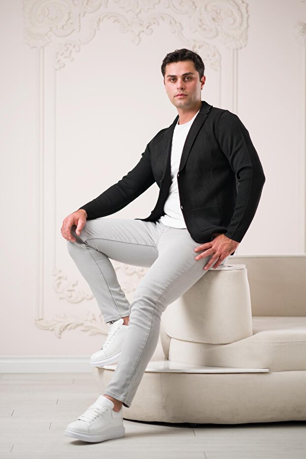 Regular Fit Pointed Collar Bag Pocket Self-Striped Buttoned Men's Knitwear Cardigan