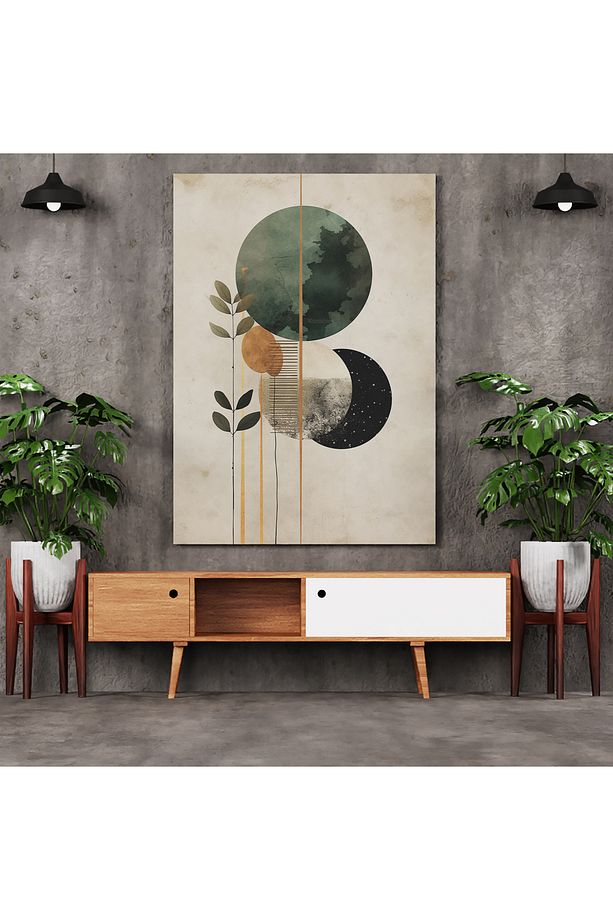 Minimalist Ay ve Çiçek Desenli Kanvas Tablo - 1