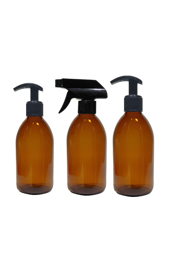 İŞTEO 3-Piece Dish Soap Dispenser, Liquid Soap Dispenser and Kitchen Cleaner Amber Glass Bottle 250 Ml Soap Dispenser