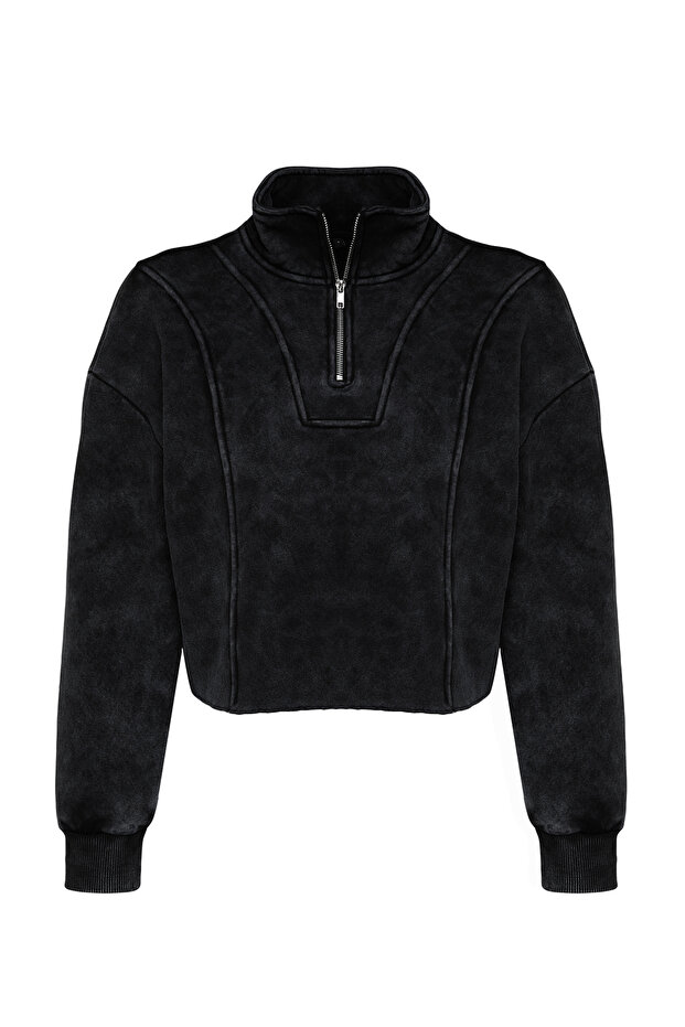 Antrasit Eskitme/Soluk Efektli Rahat Kesim Crop Kalın İçi Polarlı Örme Sweatshirt TWOAW24SW00243 - 7