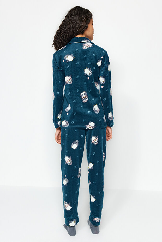 Petrol Penguin Patterned Fleece Winter Knitted Pajamas Set Thmaw22Pt0356 - 6