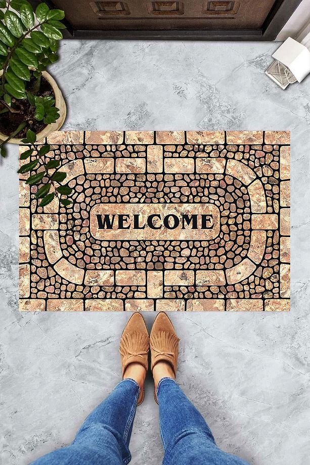 Dijital Baskılı Taş Desenli Welcome Yazılı Dekoratif Kapı Önü Paspası - 3