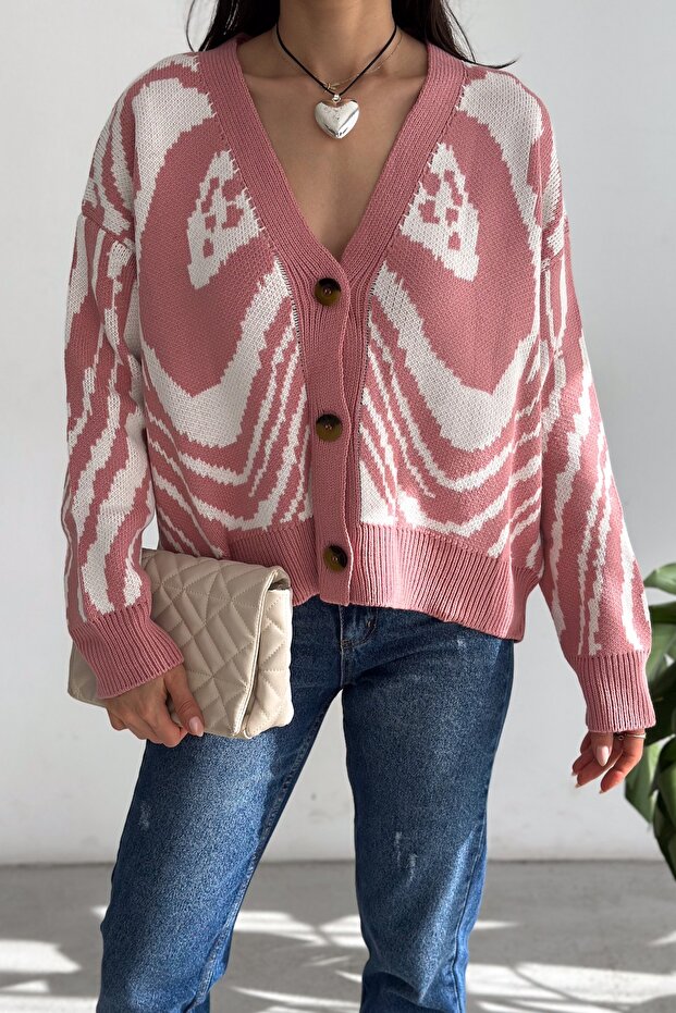 Powder Standard Size V-Neck Buttoned Knitted Cardigan