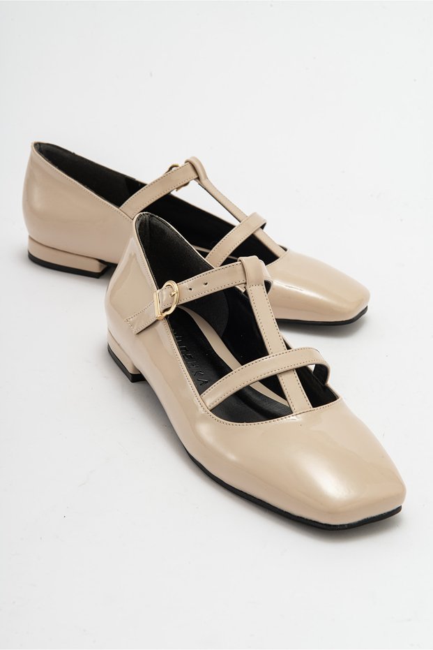 FESTA Beige Patent Leather Buckle Casual Ballerina Women's Shoes