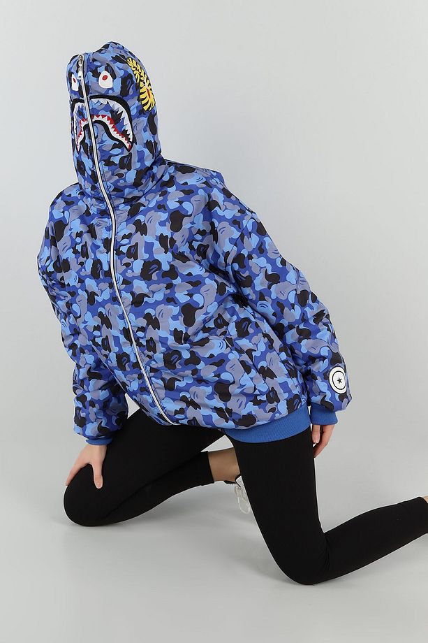 Mevsimlik Rahatlıkta Unisex Mavi Bape Nakış İşlemeli Sonbahar Kış Hırkası - 4