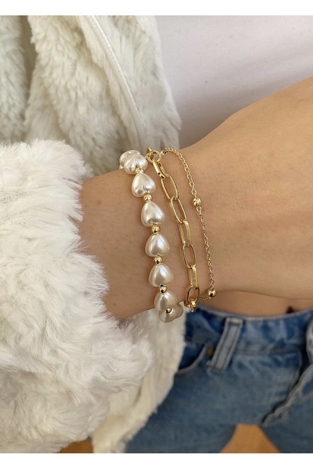 Heart pearl women's 3-piece gold bracelet