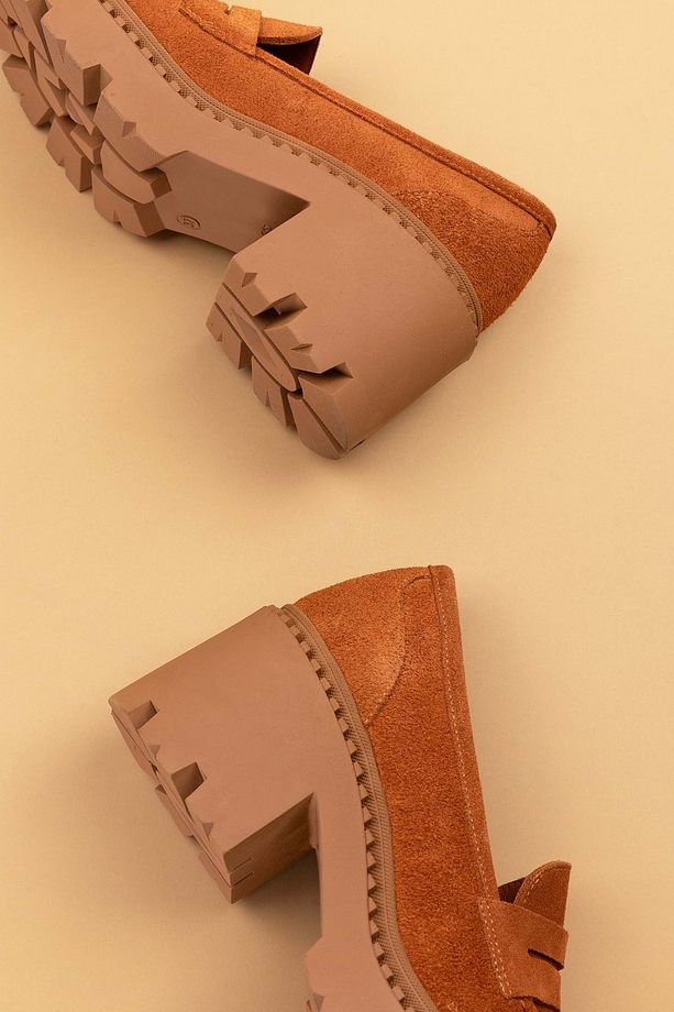 Hakiki Deri Kalın Taban Platform Topuklu Ayakkabı vtg.23802 - Taba Süet - 40 - 5