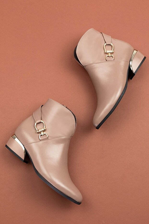 Women's Genuine Leather Buckle Detail Medium Heel Boots Ast.228