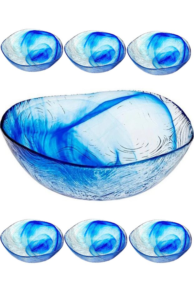 96550 Glass 7 Piece Linden Batik Blue Compote Bowl Set