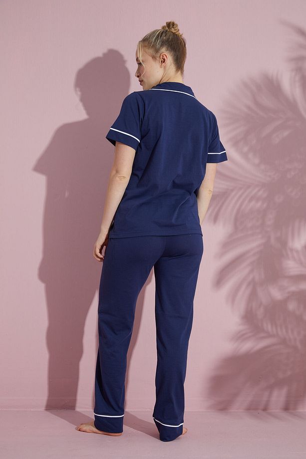 Kadın İndigo Kısa Kollu Pamuklu Düğmeli Biyeli Pijama Takımı - 3