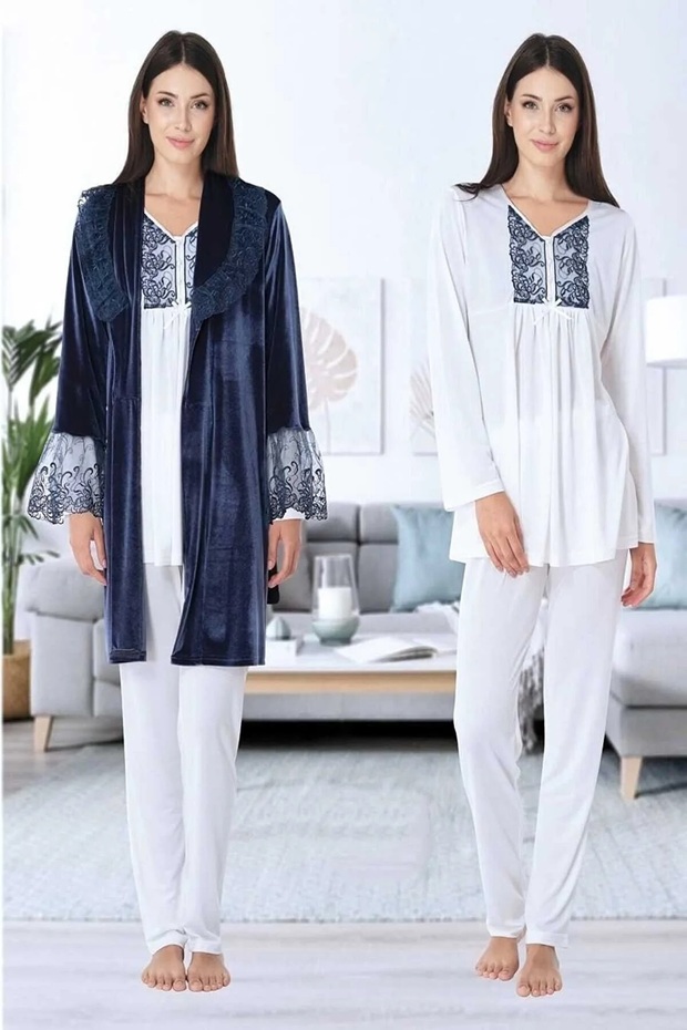 Maternity Velvet Dressing Gown Pajama Set Smoked - 8088