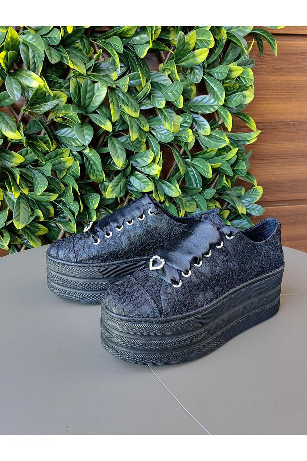 Siyah Dantel Siyah İşlemeli Ayakkabı 7CM Taban Siyah Spor Platform Ayakkabı - 3