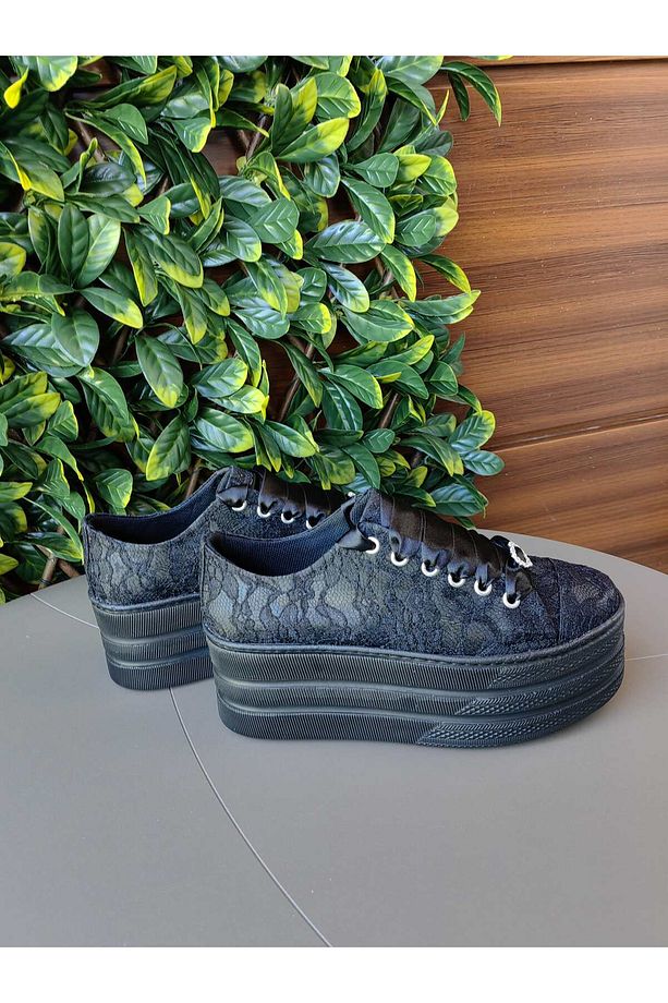 Siyah Dantel Siyah İşlemeli Ayakkabı 7CM Taban Siyah Spor Platform Ayakkabı - 6
