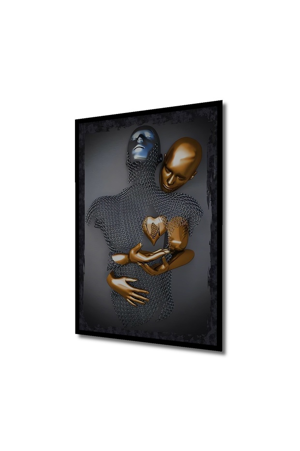 Eli Kalbinde Sarılan Metal Aşıklar 3d Görünümlü Sarılan Çift Dikey Ahşap Tablo Dikey Duvar Tablo - 3