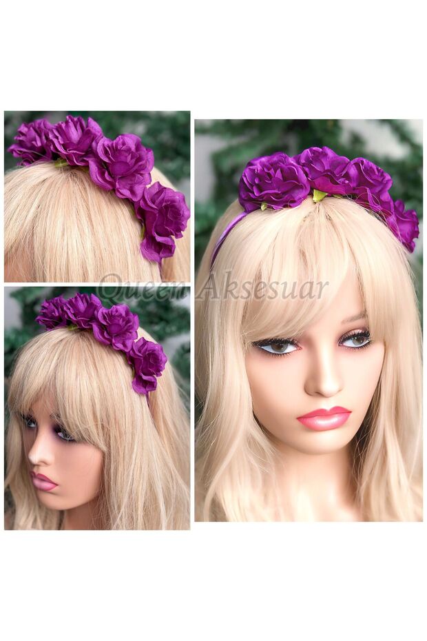 Special Design Artificial Side Rose with Row Flowers Engagement Henna Special Day Women's Children's Crown Violet Purple Crown