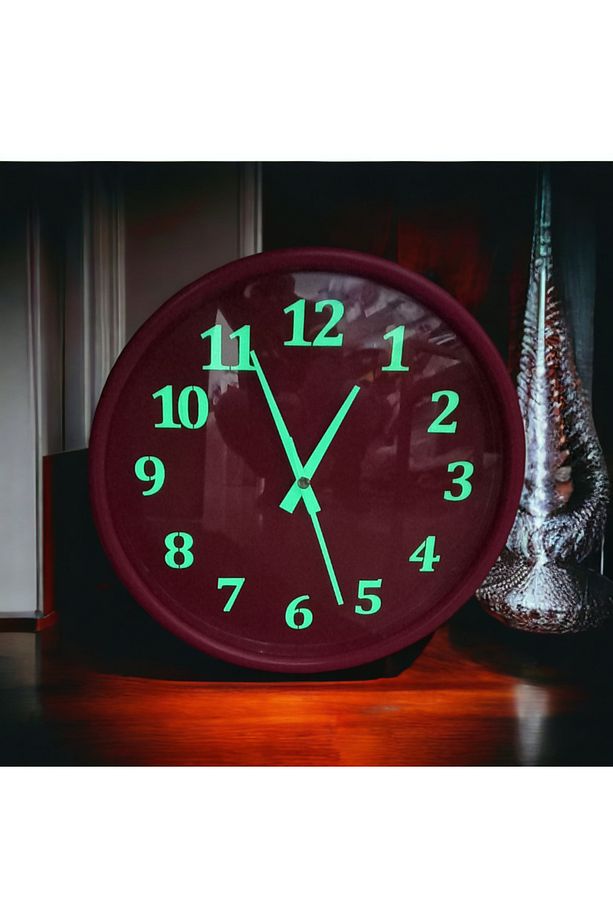 Fosforlu Gece Parlayan Kırmızı Salon Duvar Saati 28 cm 4 Adet Bez Çanta Hediyeli B8 - 6