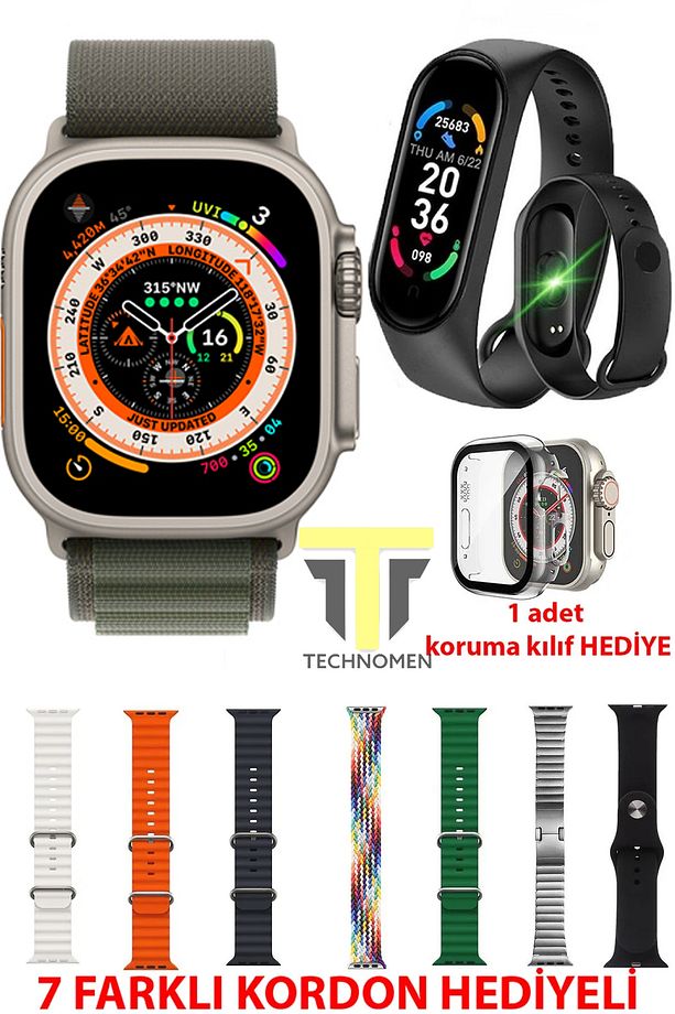 Akıllı Saat Y60 Ultra Plus 7 Kordon ve M4 Akıllı Bileklik Kasa Koruma Hediyeli Smart Watch - 1