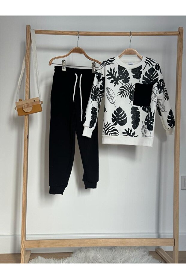 Leaf Patterned Black Winter Set - 2