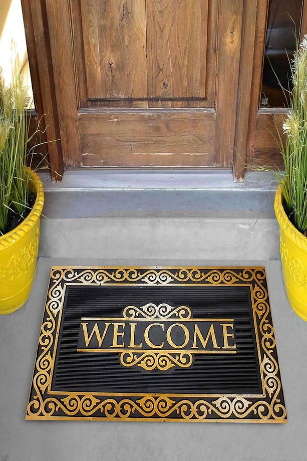 Dijital Baskılı Gold Welcome Yazılı Dekoratif Kapı Önü Paspası - 2