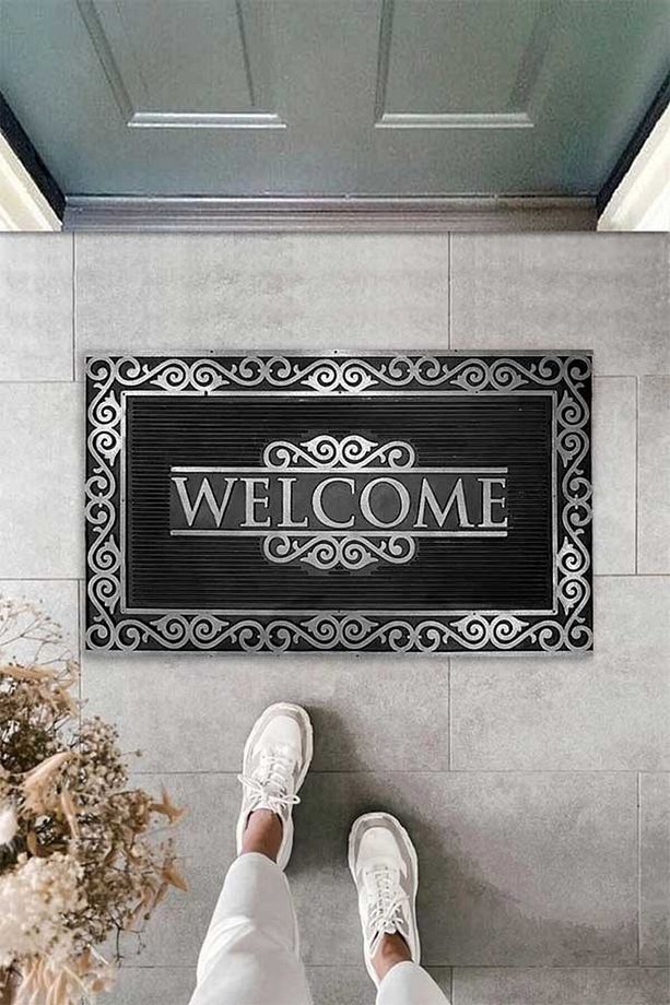 Dijital Baskılı Gümüş Welcome Yazılı Dekoratif Kapı Önü Paspası - 4
