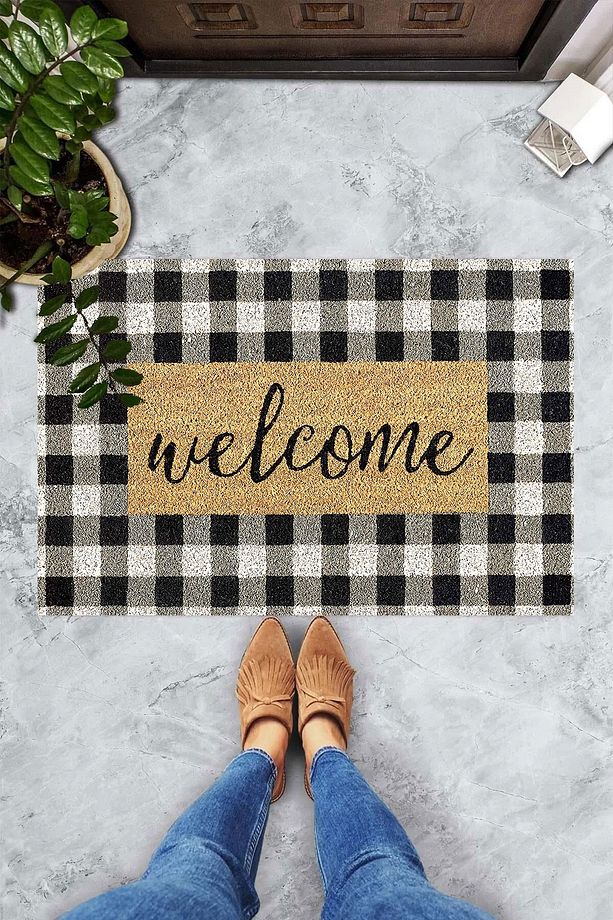 Dijital Baskılı Welcome Yazılı Dama Desenli Dekoratif Kapı Önü Paspası - 3