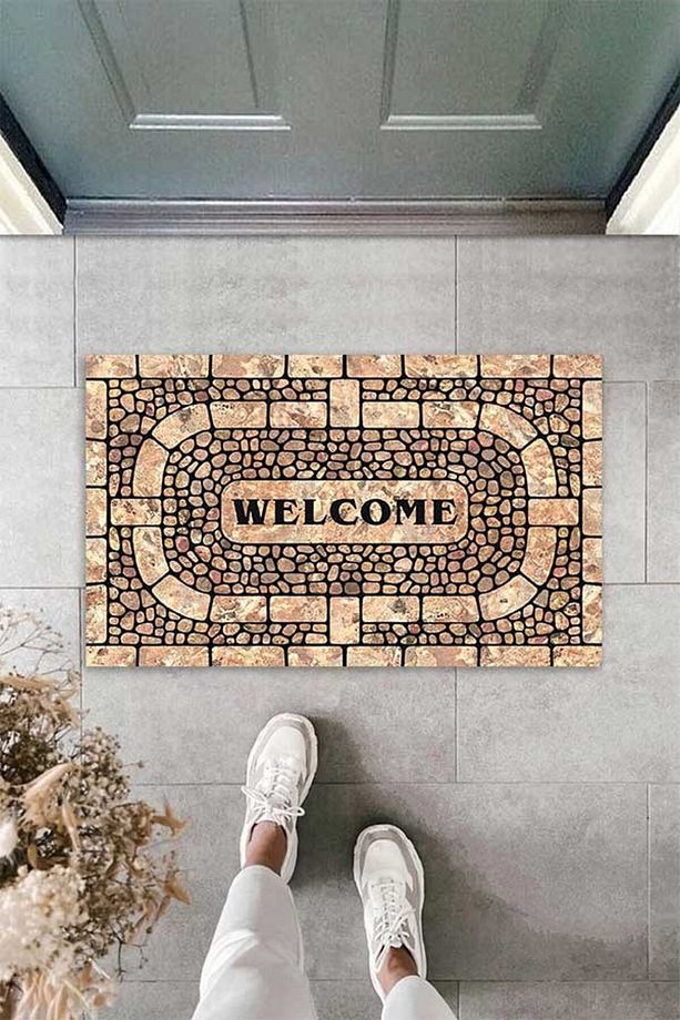 Dijital Baskılı Taş Desenli Welcome Yazılı Dekoratif Kapı Önü Paspası - 4