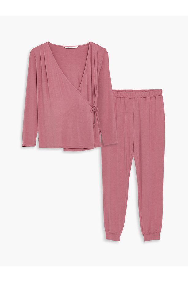 Kruvaze Yaka Düz Uzun Kollu Hamile Pijama Takımı - 7
