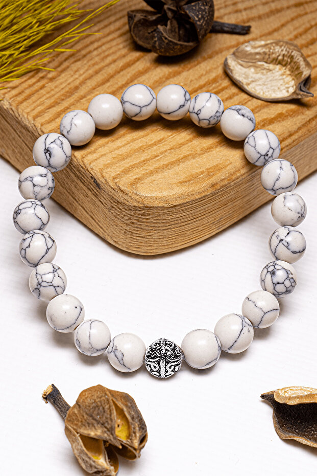 سوار حجر Howlite معتمد A+ - مع جهاز فضي