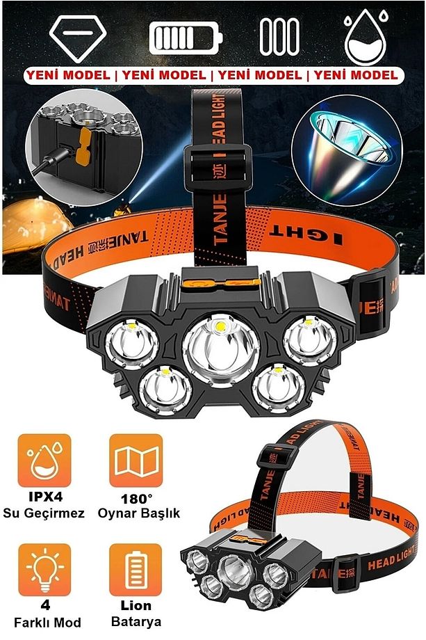 Usb Şarjlı 150w Ultra Güçlü Led Şarjlı 5 Led 5x Cree Led Kafa Feneri Avcı Feneri Balıkçı Kamp Feneri - 1