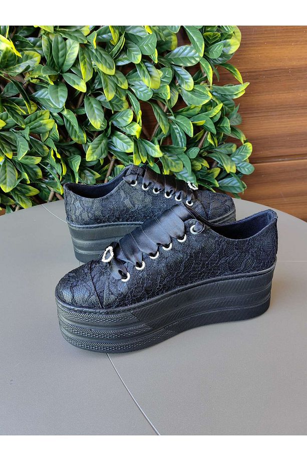 Siyah Dantel Siyah İşlemeli Ayakkabı 7CM Taban Siyah Spor Platform Ayakkabı - 5