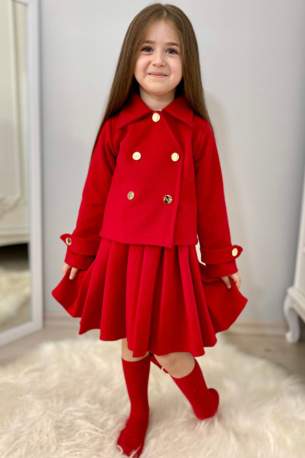 Girl's Red Pleated Skirt and Jacket Suede Set