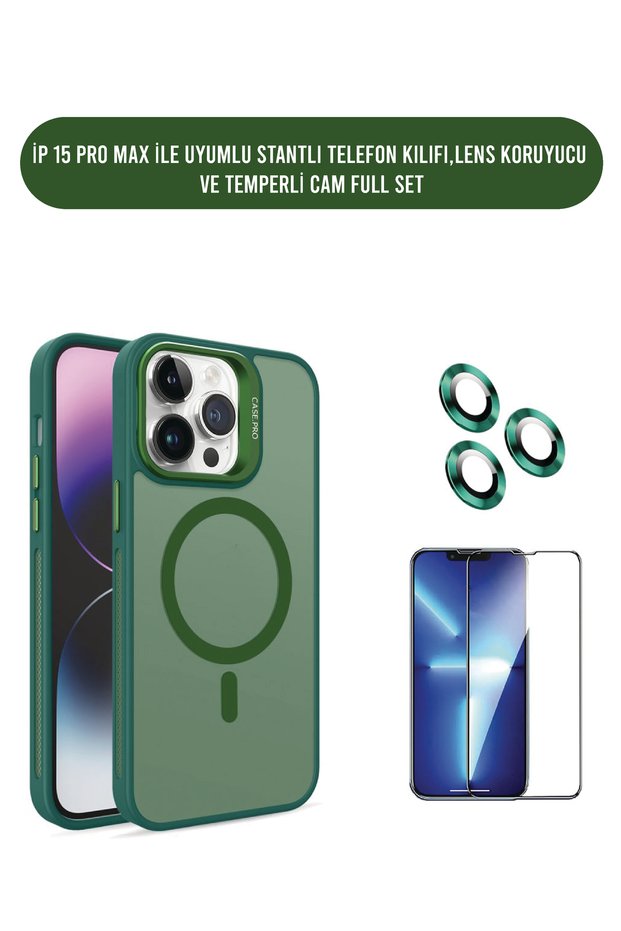 Compatible with iPhone 15 Pro Max Magsafe Transparent Case with Stand Tempered Glass Lens Protector