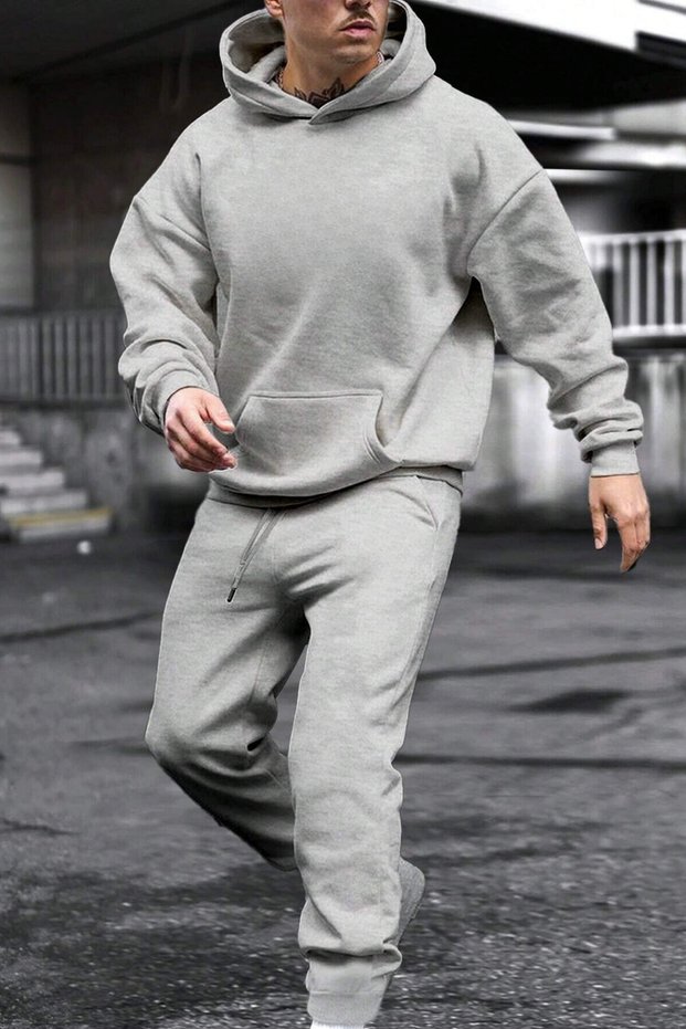 Men's Plain Gray Hooded Tracksuit Set with Kangaroo Pocket