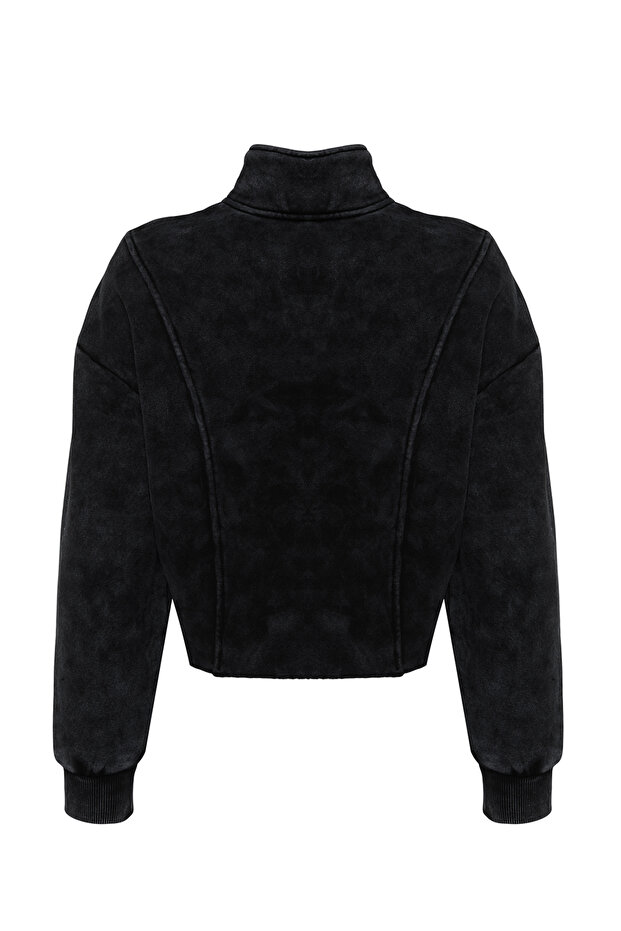 Antrasit Eskitme/Soluk Efektli Rahat Kesim Crop Kalın İçi Polarlı Örme Sweatshirt TWOAW24SW00243 - 8