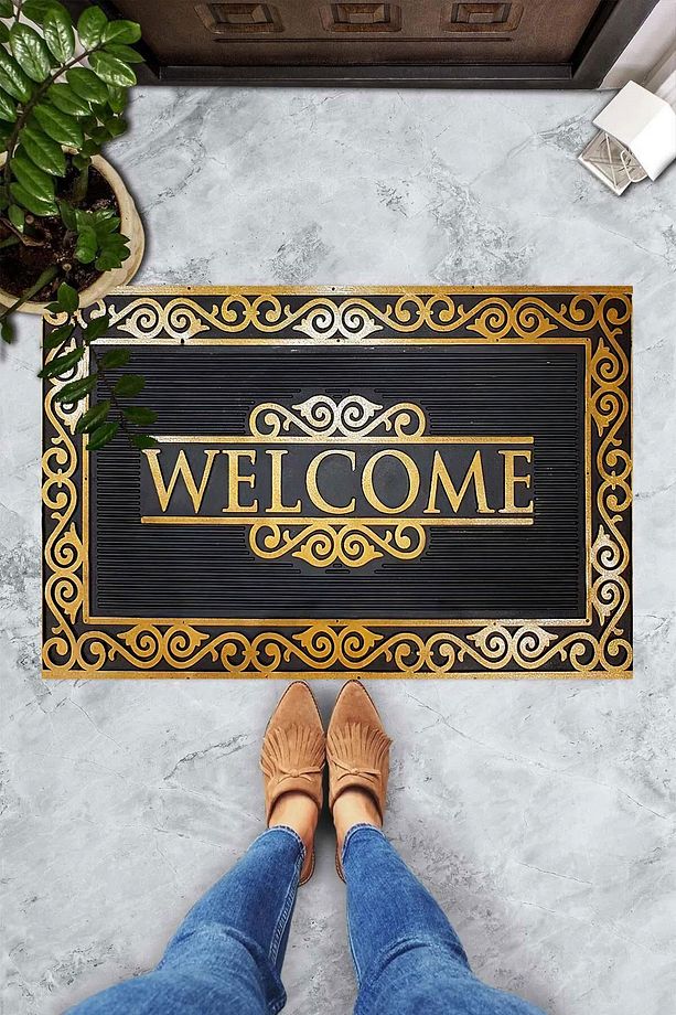 Dijital Baskılı Gold Welcome Yazılı Dekoratif Kapı Önü Paspası - 3