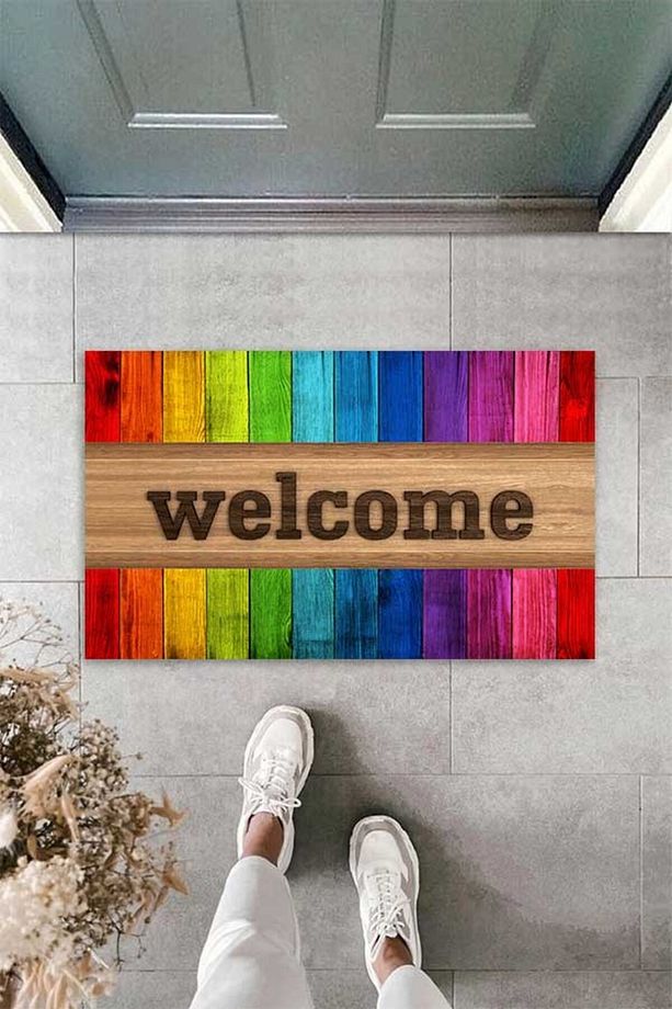 Dijital Baskılı Renkli Tahta Desenli Welcome Yazılı Dekoratif Kapı Önü Paspası - 4