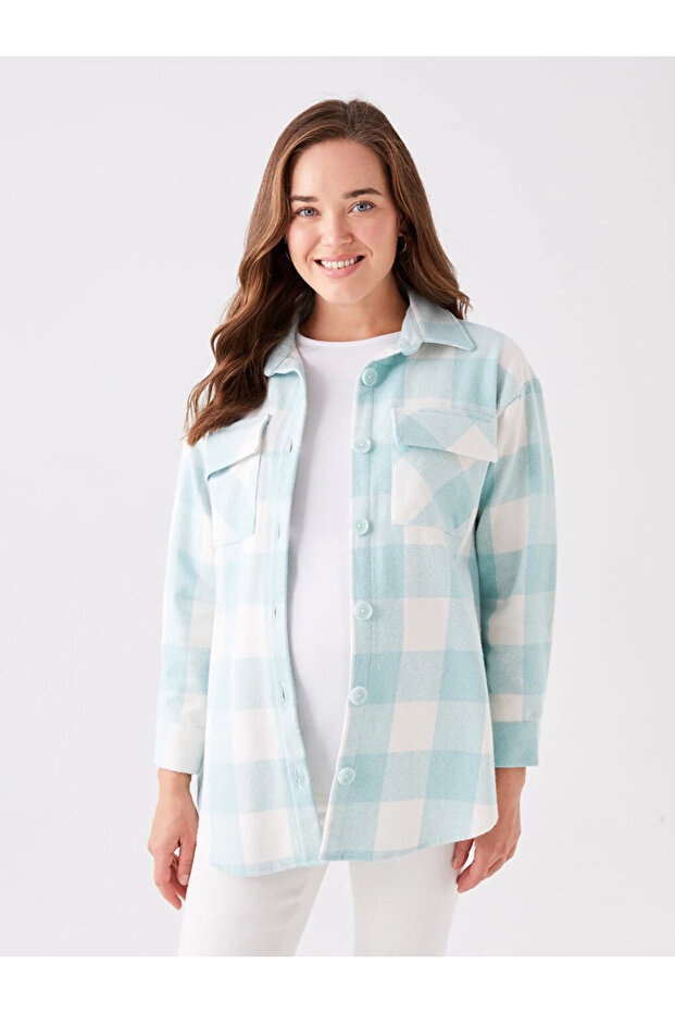 Plaid Long Sleeve Maternity Lumberjack Shirt Jacket (W3)