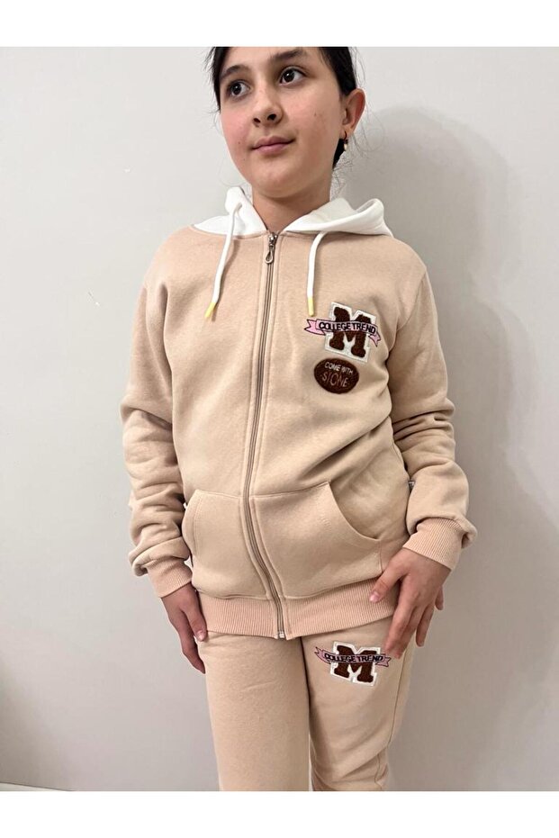 Girl's tracksuit set / 3 thread raised hoodie set / zippered hoodie tracksuit set