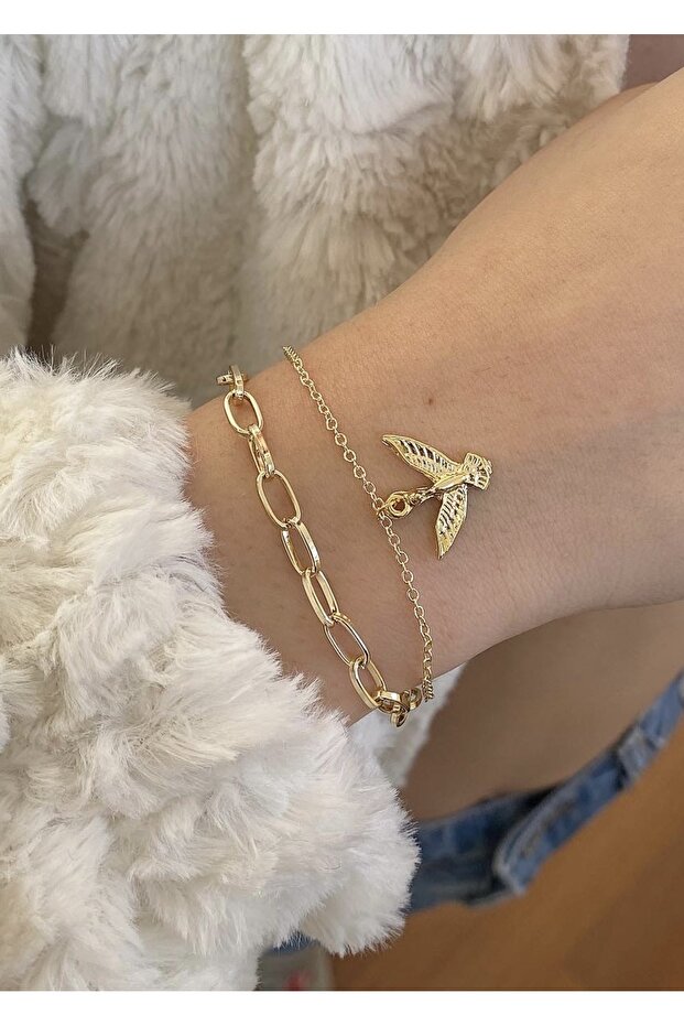 Gold 2-piece women's bird bracelet